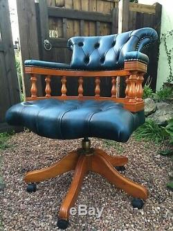 Traditional Aged Blue Leather & Yew Chesterfield Captains Chair Office Desk