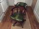 Traditional Green Leather Office And Dark Wood Chair 5 Castor Wheels