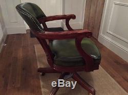 Traditional Green Leather Office and dark wood Chair 5 castor wheels