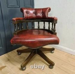 Traditional Ox-Blood Red Leather Chesterfield Swivel Captains Office Chair