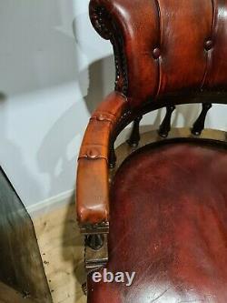 Traditional Ox-Blood Red Leather Chesterfield Swivel Captains Office Chair