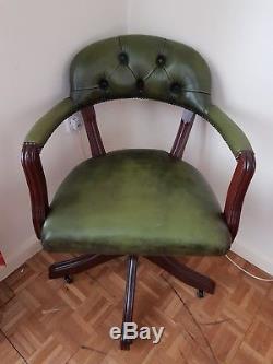 UNIQUE VINTAGE Green Leather Chesterfield Captain Swivel Chair Desk/ Office