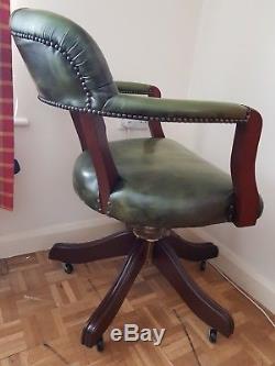 UNIQUE VINTAGE Green Leather Chesterfield Captain Swivel Chair Desk/ Office