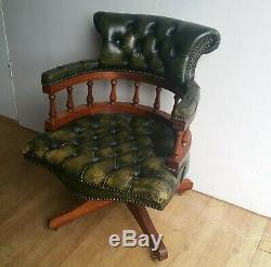 VINTAGE GREEN LEATHER CHESTERFIELD CAPTAINS CHAIR Delivery poss
