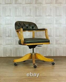 VINTAGE Green Leather Chesterfield Captains Chair Office Desk £55 DELIVERY