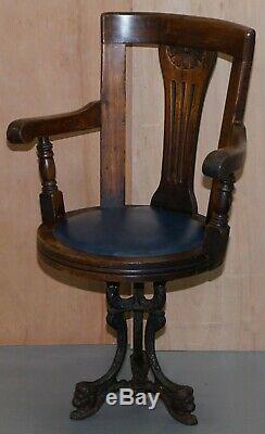 Victorian Cast Iron Lion Base Blue Leather Ships Captains Swivel Office Chair