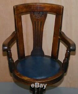 Victorian Cast Iron Lion Base Blue Leather Ships Captains Swivel Office Chair