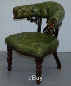 Victorian Horseshoe Back Chesterfield Green Leather Captains Reading Chair