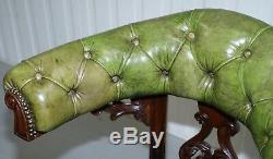 Victorian Horseshoe Back Chesterfield Green Leather Captains Reading Chair