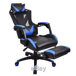 Video Computer Gaming Chair PU Leather Recliner Sports Swivel Footrest Seat Blue