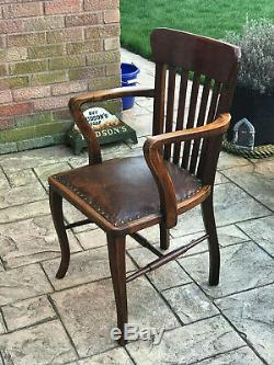 Vintage 1940s Mid Century Solid Oak Brown Faux Leather Office Desk Libary Chair