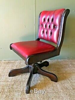Vintage Antique Chesterfield Style Red Real Leather Office Swivel Desk Chair VGC