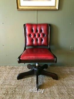 Vintage Antique Chesterfield Style Red Real Leather Office Swivel Desk Chair VGC