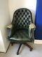Vintage Antique Green Leather Chesterfield Captains Swivel Office Chair Damaged