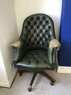 Vintage Antique Green Leather Chesterfield Captains Swivel Office Chair Damaged