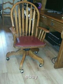 Vintage Antique Oak & Red Leather Swivel Office Desk Captains Chair Brass Castor