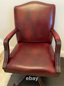 Vintage Antique Oak & Red Leather Swivel Office Desk Chair Brass Castor