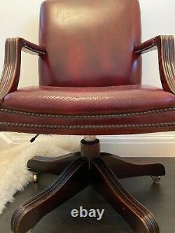 Vintage Antique Oak & Red Leather Swivel Office Desk Chair Brass Castor