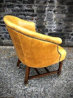 Vintage Antique Office Desk Chair Captains Tub Chair Mustard Aniline Leather