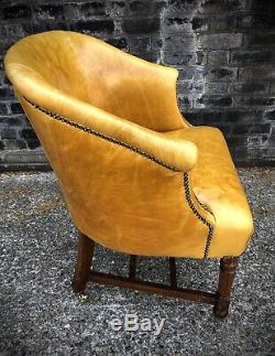 Vintage Antique Office Desk Chair Captains Tub Chair Mustard Aniline Leather
