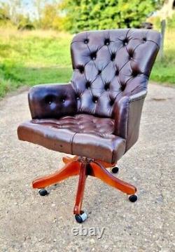 Vintage Captains Bank Office Chair Swivel Tilt Recline Dark Leather Chesterfield