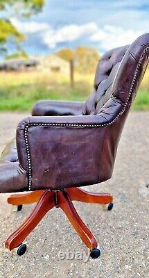 Vintage Captains Bank Office Chair Swivel Tilt Recline Dark Leather Chesterfield
