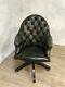 Vintage Chesterfield Green Leather Mahogany Captains Chair