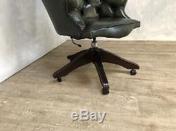 Vintage Chesterfield Green Leather Mahogany Captains Chair