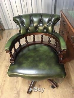 Vintage Chesterfield Green Leather Style Captains Chair Office Chair