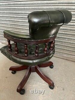 Vintage Chesterfield Style Green Leather Swivel Captains Chair Office Chair