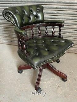 Vintage Chesterfield Style Green Leather Swivel Captains Chair Office Chair