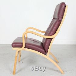 Vintage Danish Stouby Lounge Chair Maroon Leather Beech Easy Armchair 1970s