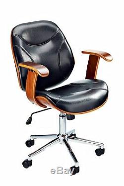 Vintage Desk Chair Retro Swivel Office Seat Wood PU Leather Industrial Furniture