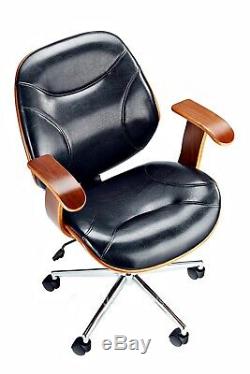 Vintage Desk Chair Retro Swivel Office Seat Wood PU Leather Industrial Furniture