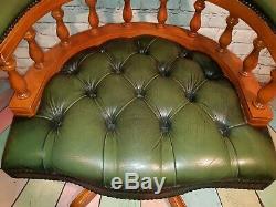 Vintage Green Buttoned Leather Chesterfield Swivel Office Captains Chair Ring