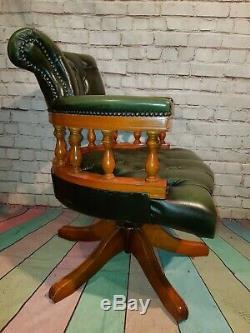 Vintage Green Buttoned Leather Chesterfield Swivel Office Captains Chair Ring
