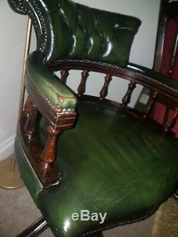 Vintage Green Leather Captains Chesterfield Swivel Chair office director