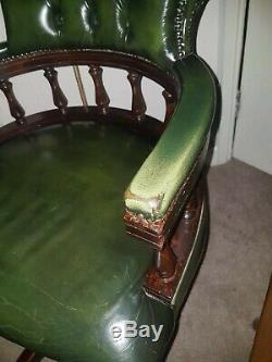 Vintage Green Leather Captains Chesterfield Swivel Chair office director