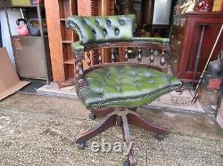 Vintage Green Leather Chesterfield Captains Chair Office Desk Chair
