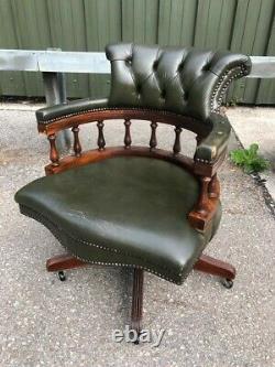 Vintage Green Leather Chesterfield Captains Swivel / Tilt Office Chair