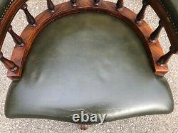 Vintage Green Leather Chesterfield Captains Swivel / Tilt Office Chair