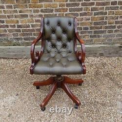 Vintage Green Leather Chesterfield Swivel Captains Office Desk Chair Armchair