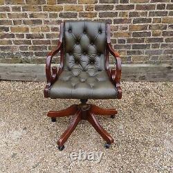 Vintage Green Leather Chesterfield Swivel Captains Office Desk Chair Armchair