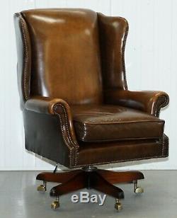 Vintage Harrods London Oversized Brown Leather Wingback Office Captains Chair