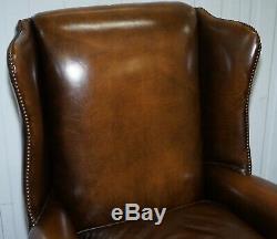 Vintage Harrods London Oversized Brown Leather Wingback Office Captains Chair