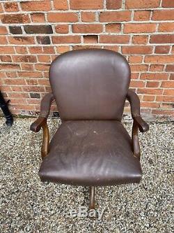 Vintage Hillcrest Leather And Oak Round Backed Swivel Office Chair