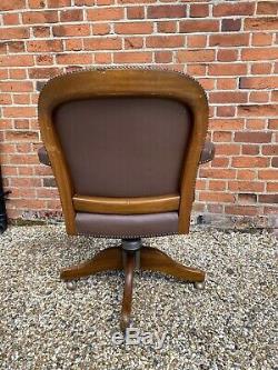 Vintage Hillcrest Leather And Oak Round Backed Swivel Office Chair