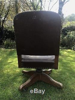 Vintage Leather Captains Arm Chair Brass Oak Swivel Office