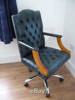 Vintage Leather Chesterfield Blue Swivel Captains Gainsborough Office Chair