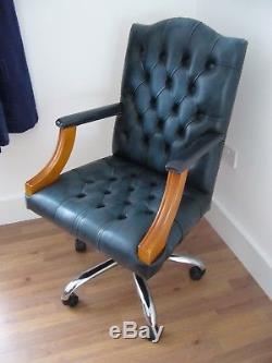 Vintage Leather Chesterfield Blue Swivel Captains Gainsborough Office Chair